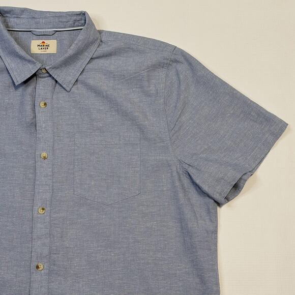 Marine Layer Shirt Mens XL Blue Short Sleeve Button Up Chambray Pocket 18849 - Picture 2 of 10
